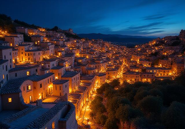 Veduta notturna dei Sassi di Matera illuminati.
